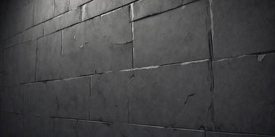 The primary subject of the image is a large, gray brick wall. The setting is a dark room, and the visual style is a close-up of the brick wall. The colors and mood of the image are predominantly dark and moody, with the gray brick wall being the main focus.
