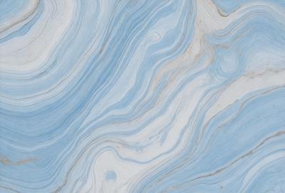 The primary subject of the image is a blue and white marbled surface, which appears to be a marble tile or a marble-like material. The setting is a room with a blue and white color scheme, which complements the marbled surface. The visual style of the image is a close-up of the marbled surface, showcasing its intricate patterns and textures. The colors and mood of the image are predominantly blue and white, creating a calm and elegant atmosphere.