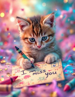 The primary subject of the image is a small kitten sitting on a table and holding a pencil. The setting is a colorful and playful environment, with a purple background and a variety of colors and patterns visible. The visual style is a combination of a photo and digital art, creating a unique and whimsical scene. The colors and mood of the image are vibrant and cheerful, with the kitten's presence adding a sense of warmth and innocence to the scene.