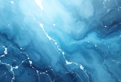 The primary subject of the image is a blue and white ocean scene. The setting is a vast body of water with a blue background. The visual style is a combination of a photo and digital art, creating a unique and artistic representation of the ocean. The dominant colors are blue and white, giving the image a calming and serene atmosphere.