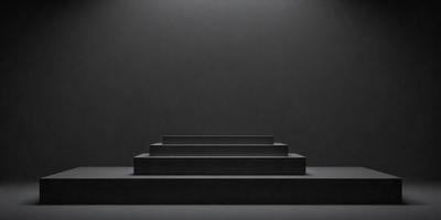 The primary subject of the image is a set of black stairs. The setting is a dark room with a black background, creating a moody atmosphere. The visual style is a black and white photo, which adds to the dramatic effect. The colors and mood of the image are predominantly dark and mysterious, with the stairs being the focal point of the scene.