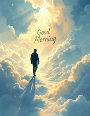 Primary subject: A man walking in a cloudy sky.

Setting/background: The man is walking on a path through a cloudy sky, with a bright sun shining above him.

Visual style: The image is a digital art or illustration.

Colors and mood: The image has a warm and serene atmosphere, with the man walking in the clouds and the sun shining brightly.