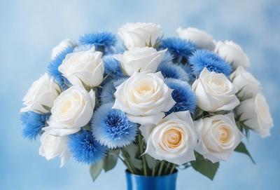 The primary subject of the image is a bouquet of white and blue roses. The bouquet is placed in a blue vase, which is the main object in the scene. The setting is a blue background, which complements the colors of the flowers. The visual style is a close-up of the bouquet, showcasing the details of the flowers and the vase. The colors and mood of the image are predominantly blue and white, creating a serene and calming atmosphere.