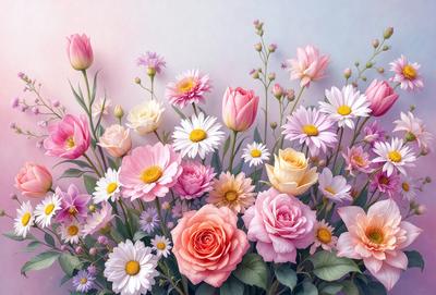 The primary subject of the image is a bouquet of flowers, with a variety of different types and colors. The flowers are arranged in a vase, creating a beautiful and colorful display. The setting is a wall, which serves as the backdrop for the bouquet. The visual style of the image is a painting, which adds a sense of artistic expression and detail to the scene. The colors and mood of the image are vibrant and lively, with the flowers providing a sense of freshness and natural beauty.