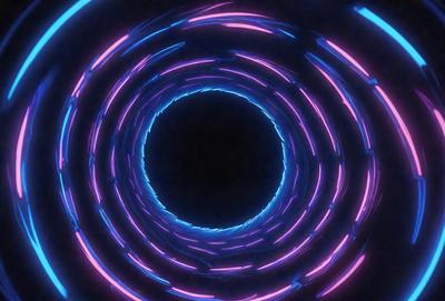 The primary subject of the image is a large, circular tunnel with a blue and pink lighting effect. The tunnel appears to be a part of a futuristic setting, possibly a space station or a high-tech facility. The visual style of the image is a combination of photo and digital art, creating a unique and captivating atmosphere. The dominant colors in the image are blue and pink, which contribute to the futuristic and otherworldly mood of the scene.