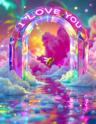 The primary subject of the image is a bee flying through a colorful, rainbow-colored tunnel. The setting is a whimsical, fantasy-like environment with a variety of colors and patterns. The visual style is a combination of digital art and illustration, creating a vibrant and lively atmosphere. The dominant colors are pink, blue, and yellow, with the bee being the focal point of the scene.