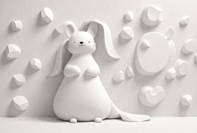 The primary subject of the image is a white rabbit figurine. The setting is a white wall, and the visual style is a digital illustration. The rabbit figurine is the main focus of the image, and it appears to be a cute and playful design. The overall atmosphere of the image is light-hearted and whimsical.