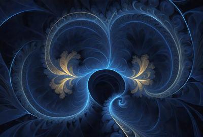 The primary subject of the image is a blue and yellow flower with a blue background. The visual style appears to be a digital art or illustration, as the flower is depicted in a swirling pattern. The colors and mood of the image are vibrant and lively, with the blue and yellow colors creating a sense of energy and movement.