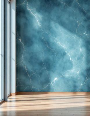 The primary subject of the image is a blue marble wall with a patterned texture. The setting is a room with a wooden floor, and the visual style is a photo. The dominant colors are blue and white, creating a calm and serene atmosphere.