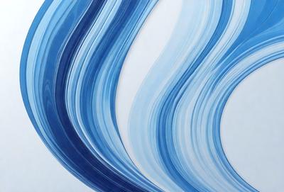 The primary subject of the image is a blue and white painting of a wave. The setting is a white wall, and the visual style appears to be a digital art or illustration. The dominant colors in the painting are blue and white, creating a calming and serene atmosphere.