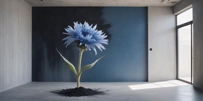 The primary subject of the image is a single blue flower, which is the main focus of the scene. The setting is a room with a blue wall, and the visual style appears to be a photo. The dominant colors in the image are blue and white, creating a calm and serene atmosphere.