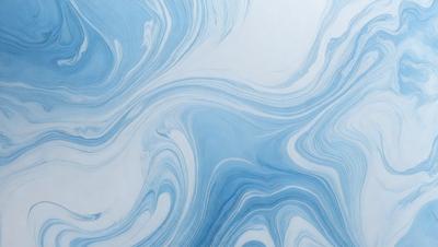 The primary subject of the image is a blue and white swirling pattern, which appears to be a painting or a digital artwork. The setting is a white wall, and the visual style is a combination of painting and digital art. The dominant colors are blue and white, creating a calming and soothing atmosphere.