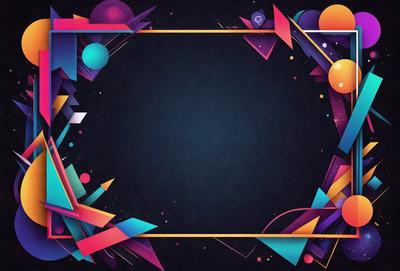 The primary subject of the image is a blue circle with a yellow border. The setting is a colorful, abstract background featuring various shapes and colors. The visual style is a combination of digital art and illustration, creating a vibrant and lively atmosphere. The dominant colors are blue, yellow, and various shades of pink, purple, and orange.