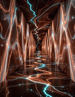 The primary subject of the image is a long, narrow hallway with a blue light illuminating it. The setting is a futuristic environment, possibly a space station or a high-tech facility. The visual style is a combination of digital art and illustration, creating a striking and unique atmosphere. The dominant colors are blue and orange, with the blue light creating a sense of depth and the orange hues adding warmth to the scene.