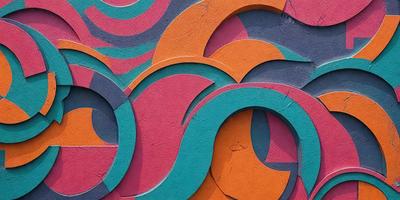 The primary subject of the image is a colorful, abstract design made up of various shapes and colors. The design is displayed on a wall, which serves as the setting. The visual style of the image is a combination of digital art and illustration, creating a vibrant and dynamic appearance. The dominant colors in the design are pink, orange, and green, giving the overall atmosphere a lively and energetic feel.