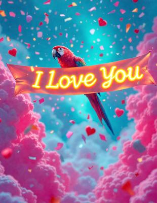 The primary subject of the image is a colorful parrot, which is the main focus of the scene. The parrot is perched on a pink cloud, surrounded by a vibrant and lively environment. The visual style of the image is a combination of photo and digital art, creating a unique and eye-catching scene. The dominant colors in the image are pink and blue, giving the overall atmosphere a cheerful and playful mood.