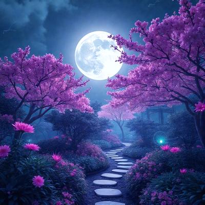 The primary subject of the image is a path surrounded by purple flowers and trees. The setting is a nighttime forest with a full moon in the sky. The visual style is a digital art or illustration, creating a serene and magical atmosphere. The dominant colors are purple and pink, with the flowers and trees adding a touch of green.