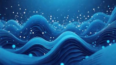 The primary subject of the image is a blue ocean with waves. The setting is a dark blue background, which creates a contrast with the waves. The visual style is a digital art or illustration, as the waves are depicted in a detailed and artistic manner. The colors and mood of the image are predominantly dark blue and serene, as the waves are the main focus and the overall atmosphere is calm and peaceful.