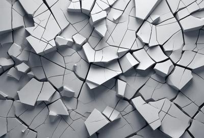 The primary subject of the image is a close-up of a white, cracked, and broken surface, possibly a wall or a piece of concrete. The setting is a dark room, which contrasts with the white surface. The visual style is a black and white photo, giving the image a classic and dramatic appearance. The colors and mood are predominantly dark and moody, with the white surface serving as a stark contrast against the dark background.