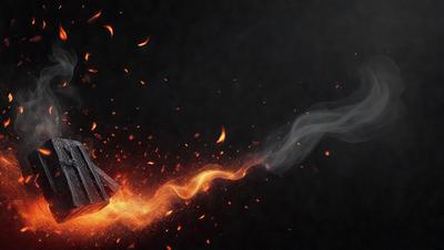 The primary subject of the image is a fire, which is the main focus of the scene. The fire is surrounded by a black background, giving it a dramatic and intense appearance. The visual style of the image is digital art, as it is a digital illustration of a fire. The colors and mood of the image are predominantly dark and intense, with the fire being the main source of light and energy.