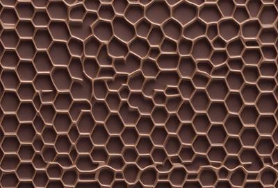 The primary subject of the image is a close-up of a patterned surface, which appears to be a textured wall or a piece of chocolate. The setting is indoors, with the patterned surface being the main focus of the image. The visual style is a close-up, which emphasizes the intricate details of the pattern. The colors and mood of the image are predominantly brown, giving it a warm and earthy atmosphere.