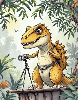 The primary subject of the image is a cartoon dinosaur, specifically a T-Rex, holding a camera. The setting is a forest with trees and birds in the background. The visual style is a comic illustration, giving the image a playful and lighthearted atmosphere. The colors are predominantly green and brown, with the T-Rex being yellow, and the birds being black and white.
