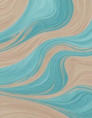 The primary subject of the image is a blue and white swirl pattern, which is the main focus of the image. The setting is a wooden surface, and the visual style appears to be a combination of a photo and a digital art or illustration. The dominant colors in the image are blue and white, creating a calming and soothing atmosphere.