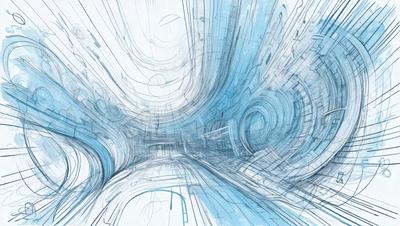 The primary subject of the image is a blue tunnel with a spiral shape. The setting is a futuristic environment, possibly a space station or a high-tech facility. The visual style is a combination of digital art and illustration, creating a unique and intriguing atmosphere. The dominant colors are blue and white, with the blue tunnel being the main focus of the image.