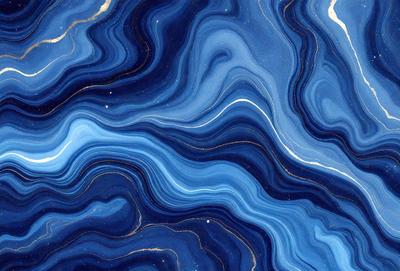The primary subject of the image is a blue and gold marbled stone. The setting is a blue and gold marbled stone surface, which serves as the background. The visual style is a close-up of the marbled stone, showcasing its intricate patterns and colors. The dominant colors are blue and gold, creating a rich and luxurious atmosphere.