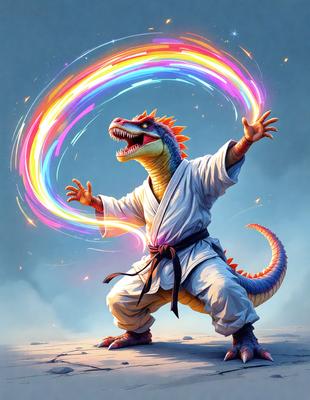 The primary subject of the image is a cartoon dinosaur, specifically a T-Rex, wearing a karate uniform and holding a rainbow-colored ring. The setting is a background with a colorful ring, and the visual style is digital art. The colors and mood of the image are vibrant and lively, with the T-Rex and the ring creating a fun and playful atmosphere.