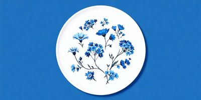 The primary subject of the image is a white plate with blue flowers painted on it. The plate is placed on a blue surface, which serves as the setting or background. The visual style of the image is a combination of photo and digital art, as it features a close-up view of the plate with the blue flowers. The colors and mood of the image are predominantly blue, creating a calm and serene atmosphere.