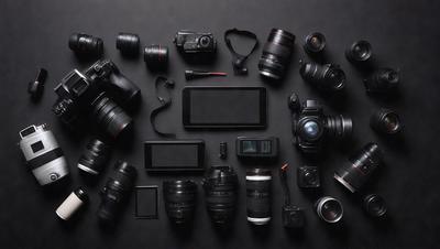 The primary subject of the image is a collection of various camera equipment, including lenses, cameras, and accessories. The setting is a black background, which provides a clean and uncluttered look. The visual style is a close-up of the camera equipment, showcasing the details and textures of the items. The colors and mood of the image are predominantly black and white, giving it a classic and timeless feel.
