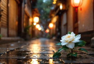 Primary subject: A white flower with green leaves.

Setting/background: A narrow alleyway with a brick surface.

Visual style: A photo of a flower in a rainy alley.

Colors and mood: The image is in black and white, giving it a classic and timeless feel. The rainy alley adds a sense of tranquility and introspection to the scene.