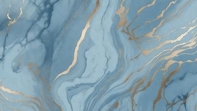 The primary subject of the image is a blue and gold marbled wallpaper. The setting is a room with a blue and gold marbled wallpapered wall. The visual style is a close-up of the wallpaper, showcasing the intricate design. The colors and mood of the image are predominantly blue and gold, creating a luxurious and elegant atmosphere.