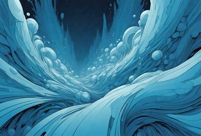 The primary subject of the image is a blue ocean with waves and bubbles. The setting is underwater, with a blue background. The visual style is digital art, as the image is a painting of a blue ocean with waves and bubbles. The dominant colors are blue and white, creating a serene and calming atmosphere.