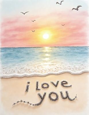 The primary subject of the image is a heart-shaped sand sculpture on a beach. The setting is a beautiful beach with a sunset in the background. The visual style is a combination of digital art and illustration, creating a unique and artistic representation of the phrase "I love you." The colors and mood of the image are warm and inviting, with the sunset casting a golden glow over the scene.