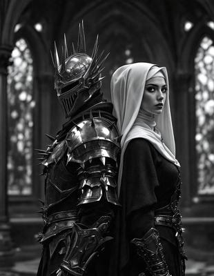 The primary subject of the image is a woman wearing a white veil, standing next to a man dressed in medieval armor. The setting is a church, with stained glass windows visible in the background. The visual style is a black and white photo, which adds a dramatic and timeless quality to the scene. The colors and mood of the image are predominantly dark, with the woman's white veil and the man's armor standing out against the black and white background.