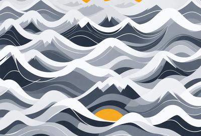 The primary subject of the image is a mountain range, with a sun shining through the clouds. The setting is a mountainous landscape, and the visual style is a combination of digital art and illustration. The dominant colors are shades of gray, blue, and yellow, creating a serene and dramatic atmosphere.