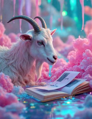 The primary subject of the image is a goat with horns, sitting on a book. The goat appears to be dripping water from its mouth, creating a unique and interesting scene. The setting is a pink and purple background, which adds a whimsical and playful atmosphere to the image. The visual style is a combination of photo and digital art, creating a surreal and imaginative scene. The colors and mood of the image are predominantly pink and purple, giving it a lighthearted