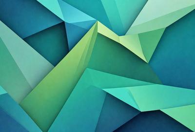 The primary subject of the image is a blue and green geometric pattern. The setting is a blue background, and the visual style appears to be a digital art or illustration. The dominant colors are blue and green, creating a calm and soothing atmosphere.