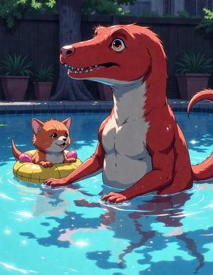 The primary subject of the image is a large red dinosaur, likely a T-Rex, with a small cat sitting on top of it. The setting is a swimming pool, and the visual style appears to be a digital art or illustration. The dominant colors in the image are red and blue, creating a vibrant and lively atmosphere.