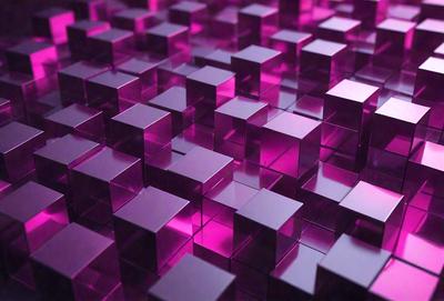 The primary subject of the image is a large, pink, three-dimensional structure made up of many small, square-shaped blocks. The setting is a purple background, which creates a striking contrast with the pink structure. The visual style is a combination of digital art and illustration, giving the image a unique and artistic appearance. The dominant colors are pink and purple, creating a warm and vibrant atmosphere.