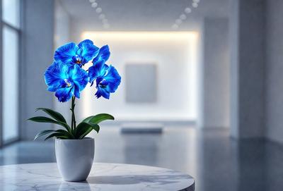 The primary subject of the image is a white vase filled with blue flowers, placed on a white table. The setting is a white room with a white wall, creating a clean and minimalistic atmosphere. The visual style is a photo, capturing the beauty of the flowers and the vase. The colors and mood of the image are predominantly white, giving it a calm and serene appearance.