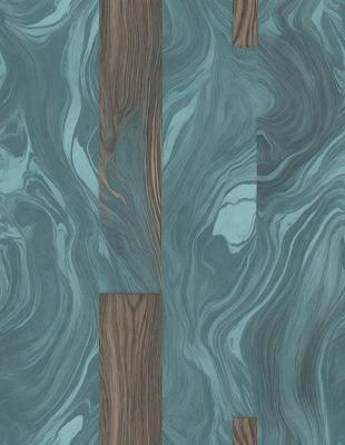 The primary subject of the image is a wooden floor with a blue and white pattern. The setting is a room with a blue wall and a wooden floor. The visual style is a combination of a photo and a digital art, illustration, or drawing. The colors and mood of the image are predominantly blue and white, creating a calm and serene atmosphere.