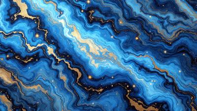 The primary subject of the image is a blue and gold swirling pattern, which appears to be a digital art or illustration. The setting is a dark, star-filled sky, creating a sense of depth and mystery. The visual style is a combination of digital art and traditional illustration, giving the image a unique and captivating appearance. The dominant colors are blue and gold, with the blue providing a sense of calmness and the gold adding a touch of warmth and richness to the scene. Overall, the image ev