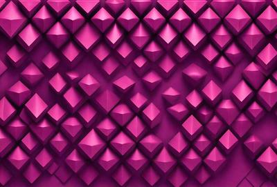 The primary subject of the image is a large pink wall with a pattern of small, pink, three-dimensional shapes. The setting is a room with a purple background, and the visual style appears to be a combination of a photo and digital art. The dominant colors are pink and purple, creating a warm and inviting atmosphere.