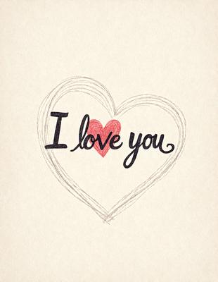 The primary subject of the image is a heart-shaped sign that says "I love you." The setting is a white background, and the visual style is a hand-drawn illustration. The heart is red, and the overall atmosphere is warm and affectionate.