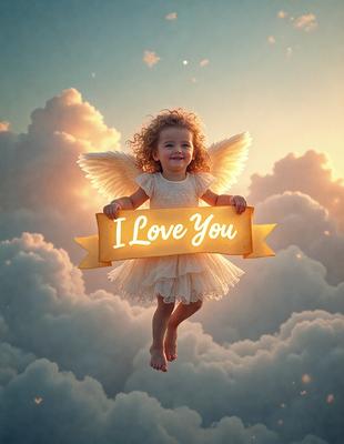 The primary subject of the image is a baby girl dressed as an angel, holding a yellow sign that reads "I Love You." The setting is a cloudy sky, and the visual style appears to be a digital art or illustration. The colors in the image are predominantly white and yellow, creating a warm and loving atmosphere.