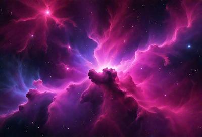 The primary subject of the image is a vibrant, pink nebula with a purple hue. The setting is a dark, starry sky, and the visual style appears to be a digital art or illustration. The dominant colors and overall atmosphere of the image are energetic and captivating, with the pink and purple nebula standing out against the dark background.