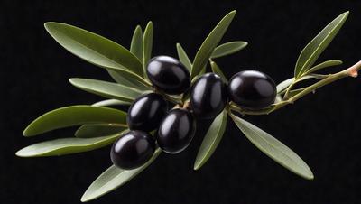 The primary subject of the image is a close-up of a bunch of black olives. The olives are hanging from a tree branch, and they are the main focus of the image. The setting is a dark background, which contrasts with the brightness of the olives. The visual style is a close-up, which emphasizes the details of the olives. The colors are predominantly black, which gives the image a bold and striking appearance.